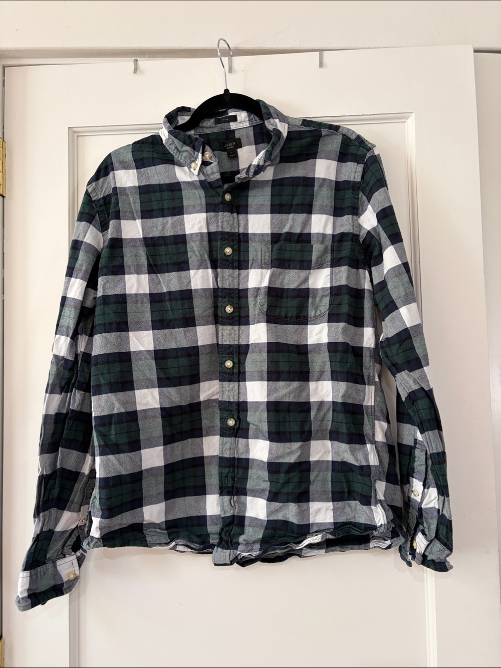 J. Crew Men's Dark Green and White Plaid Button-Down Shirt